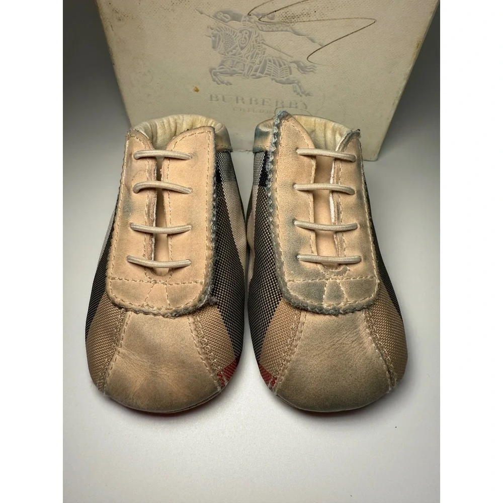 Burberry Crib Shoes Kids Size 17 EU us 2 Beige Fair Classic Check Leather Canvas